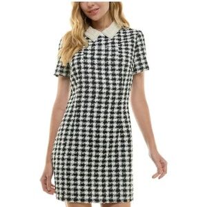 City Studio Junior’s Black White Houndstooth Tweed Mini Dress Pearl Collar 11/12